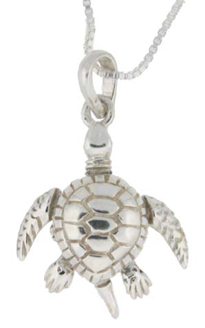 Sterling Silver High Polished Small Movable Turtle Pendant, 13/16 inch long