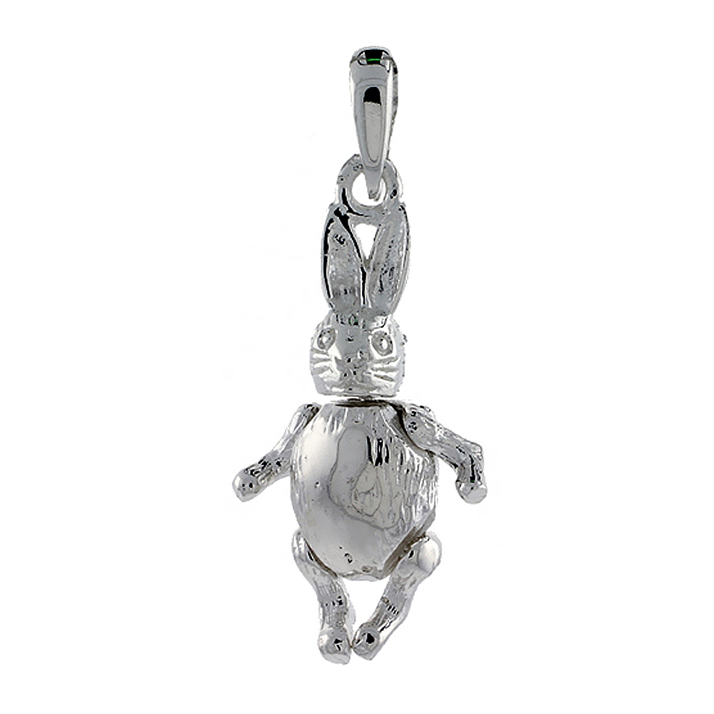 Sterling Silver High Polished Movable Rabbit Pendant, 1 1/16 inch long