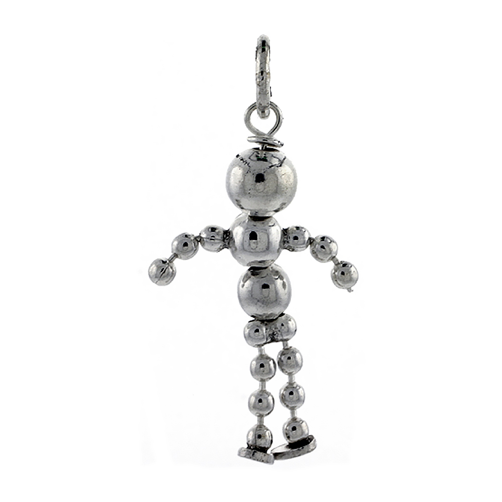 Sterling Silver High Polished Movable Beaded Boy Pendant, 3/4 inch long