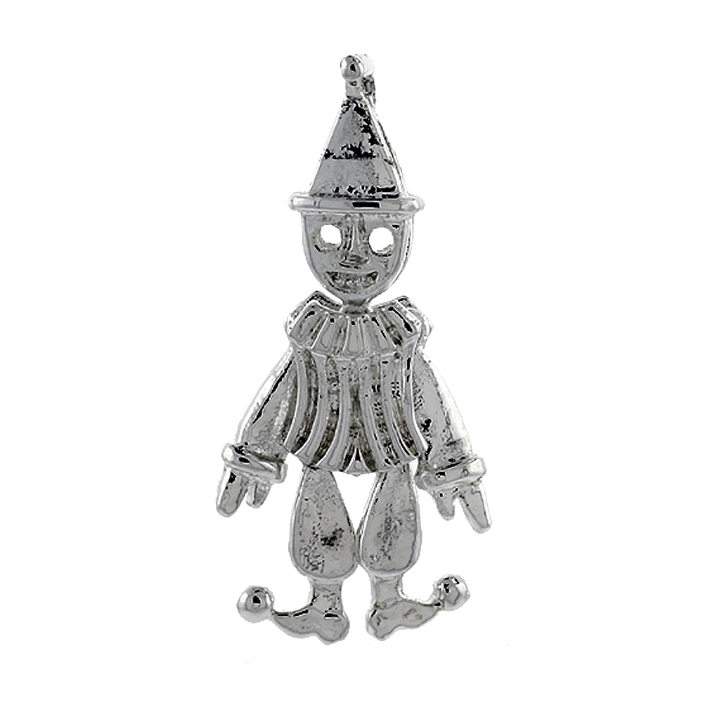 Sterling Silver High Polished Movable Clown Pendant, 1 1/4 inch long
