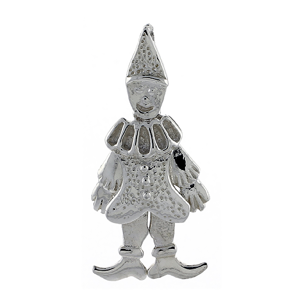 Sterling Silver High Polished Small Movable Clown Pendant, 1 1/16 inch long