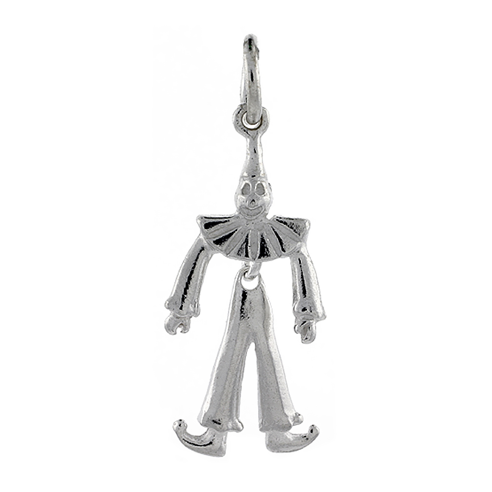 Sterling Silver High Polished Movable Clown Pendant, 1 inch long