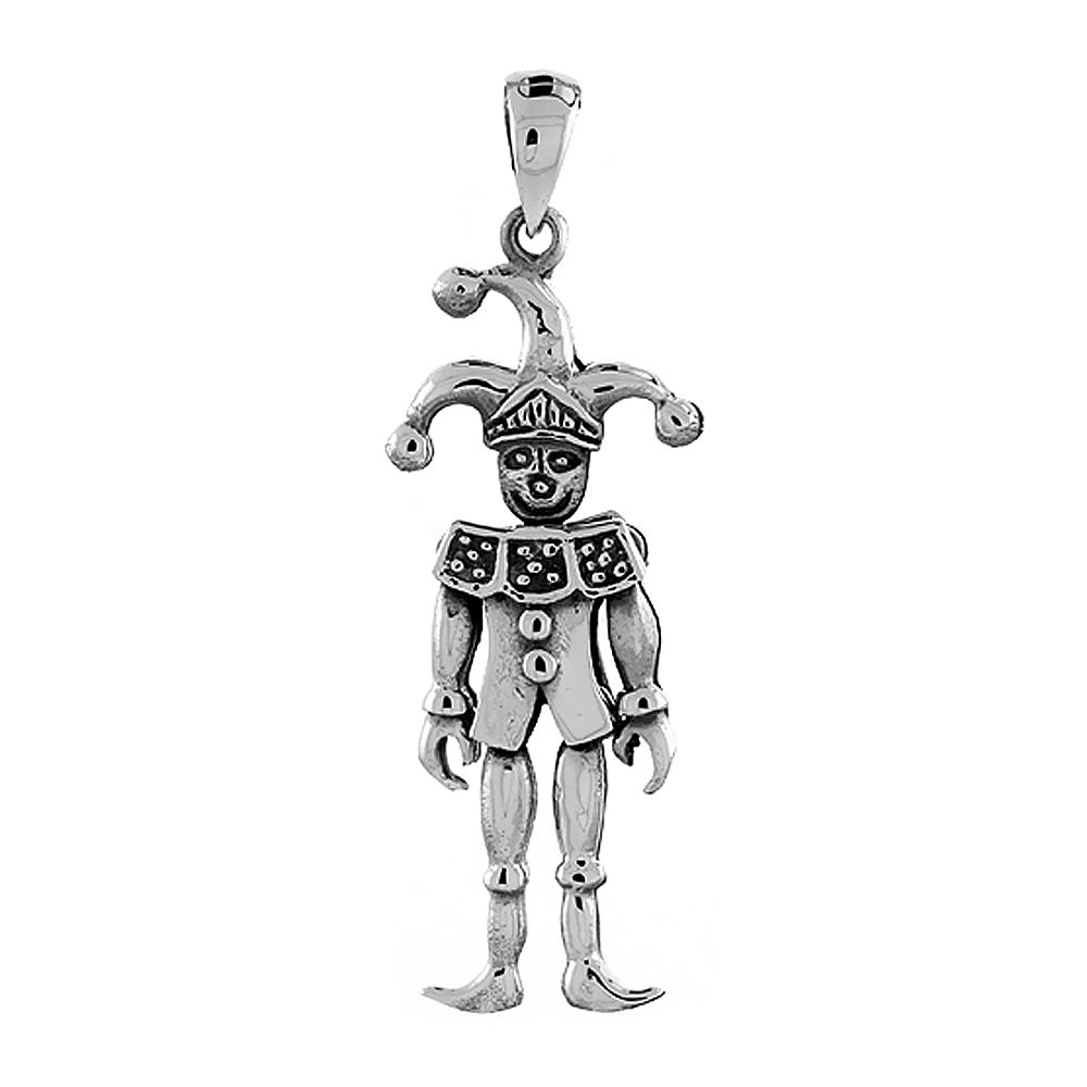 Sterling Silver High Polished Movable Clown Pendant, 1 7/16 inch long