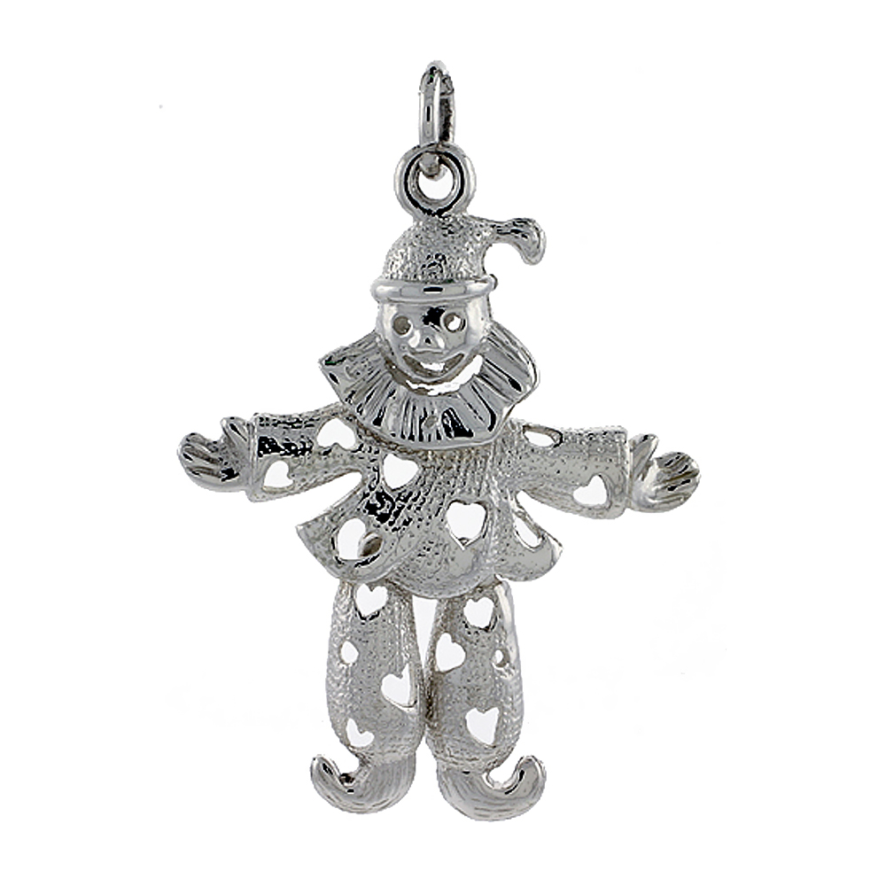 Sterling Silver High Polished Small Movable Clown Pendant, 1 5/16 inch long