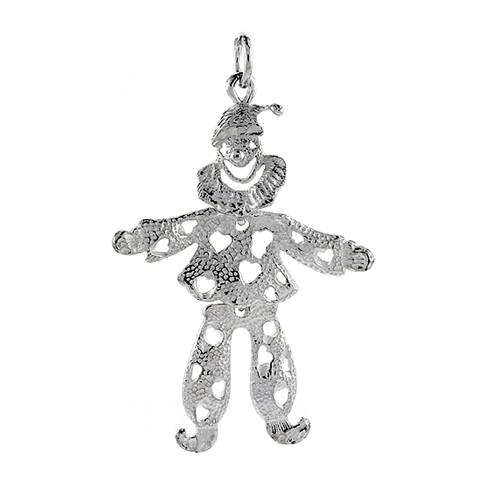 Sterling Silver High Polished Large Movable Clown Pendant, 1 15/16 inch long