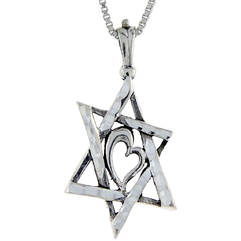 Sterling Silver Star of David with Heart Pendant, 1 1/2 inch tall