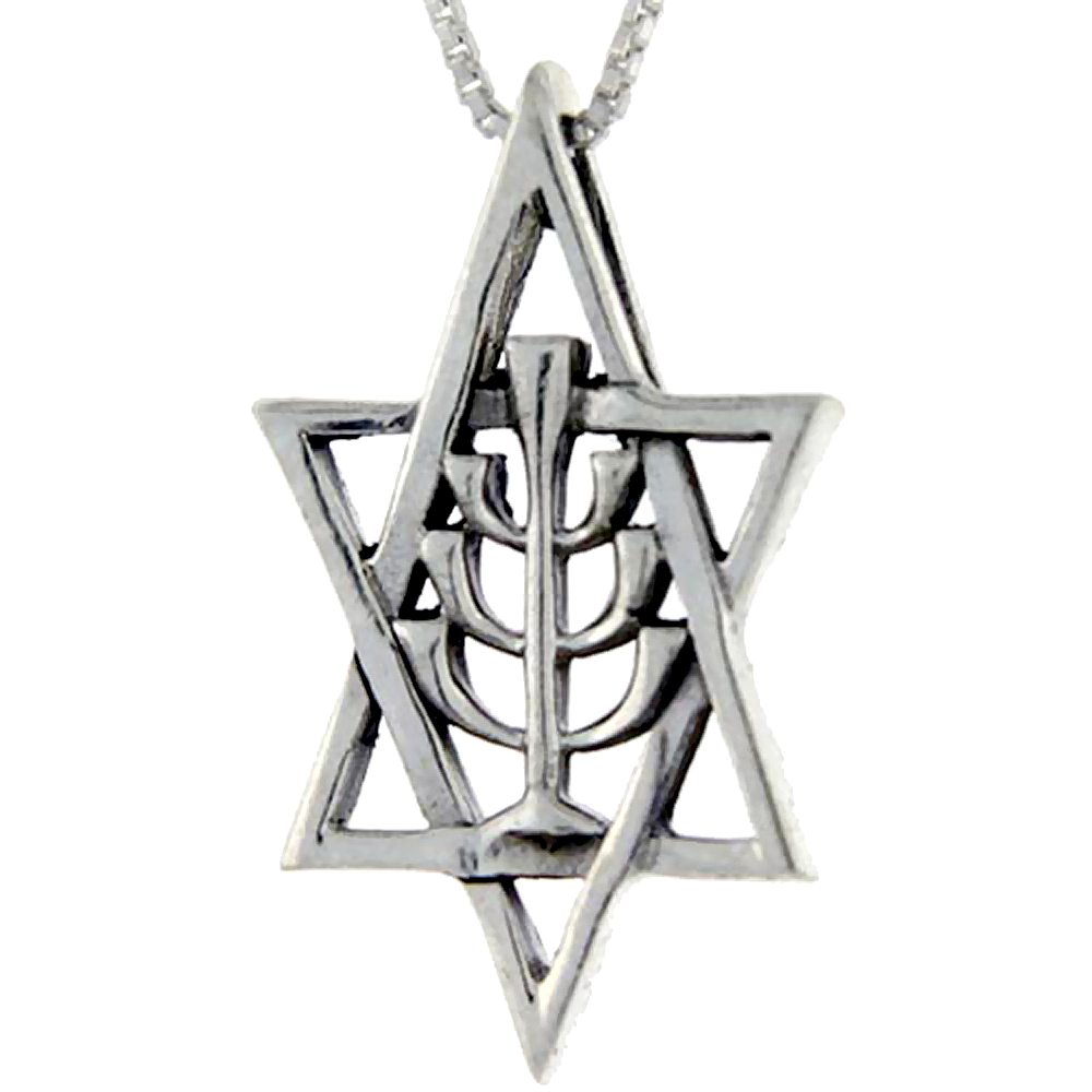 Sterling Silver Star of David with Menorah Pendant, 1 1/2 inch tall