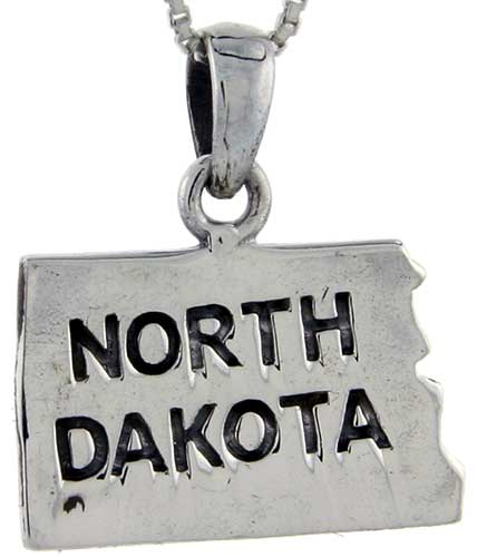 Sterling Silver North Dakota State Map Pendant, 1 1/16 inch tall 