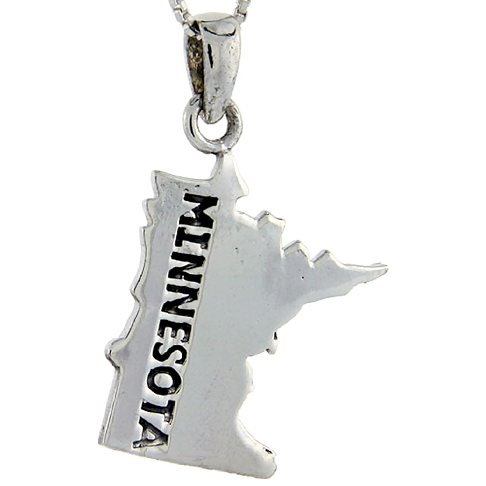 Sterling Silver Minnesota State Map Pendant, 1 1/4 inch tall 