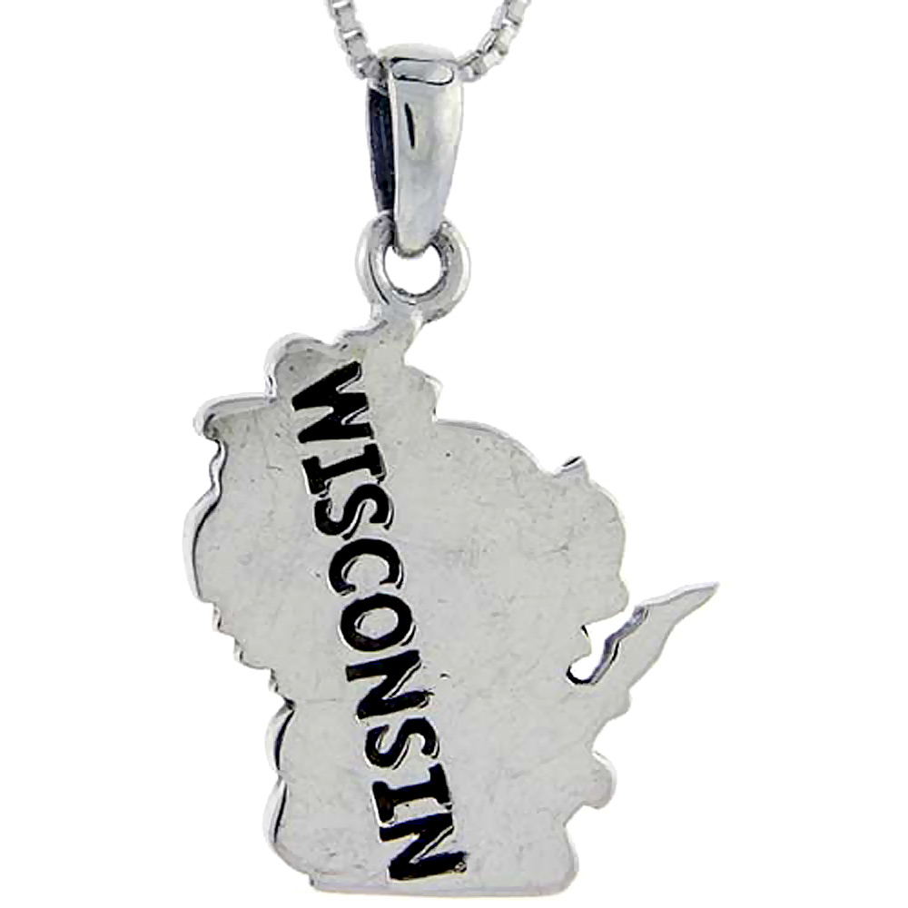 Sterling Silver Wisconsin State Map Pendant, 1 1/4 inch tall 
