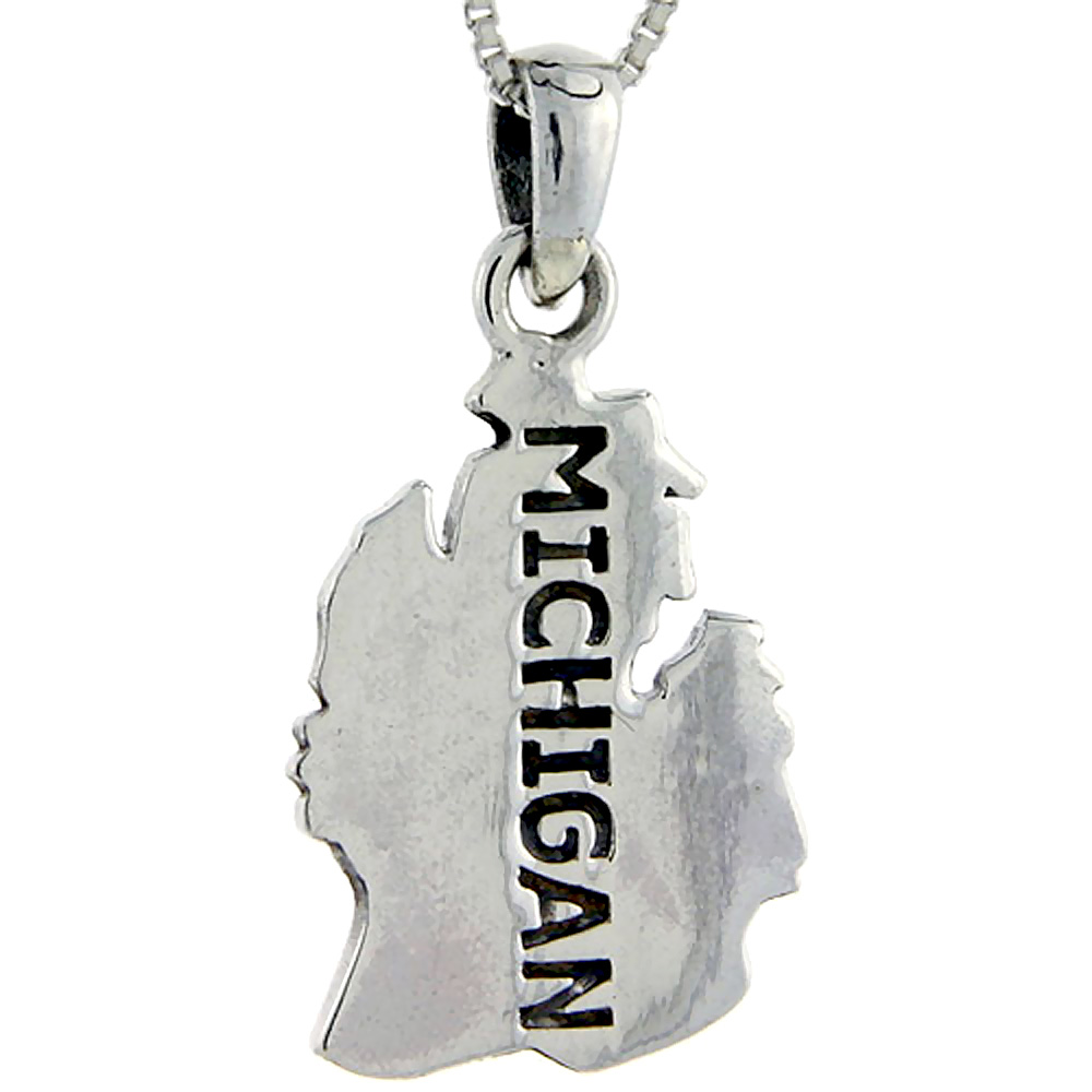 Sterling Silver Michigan State Map Pendant, 1 1/4 inch tall 