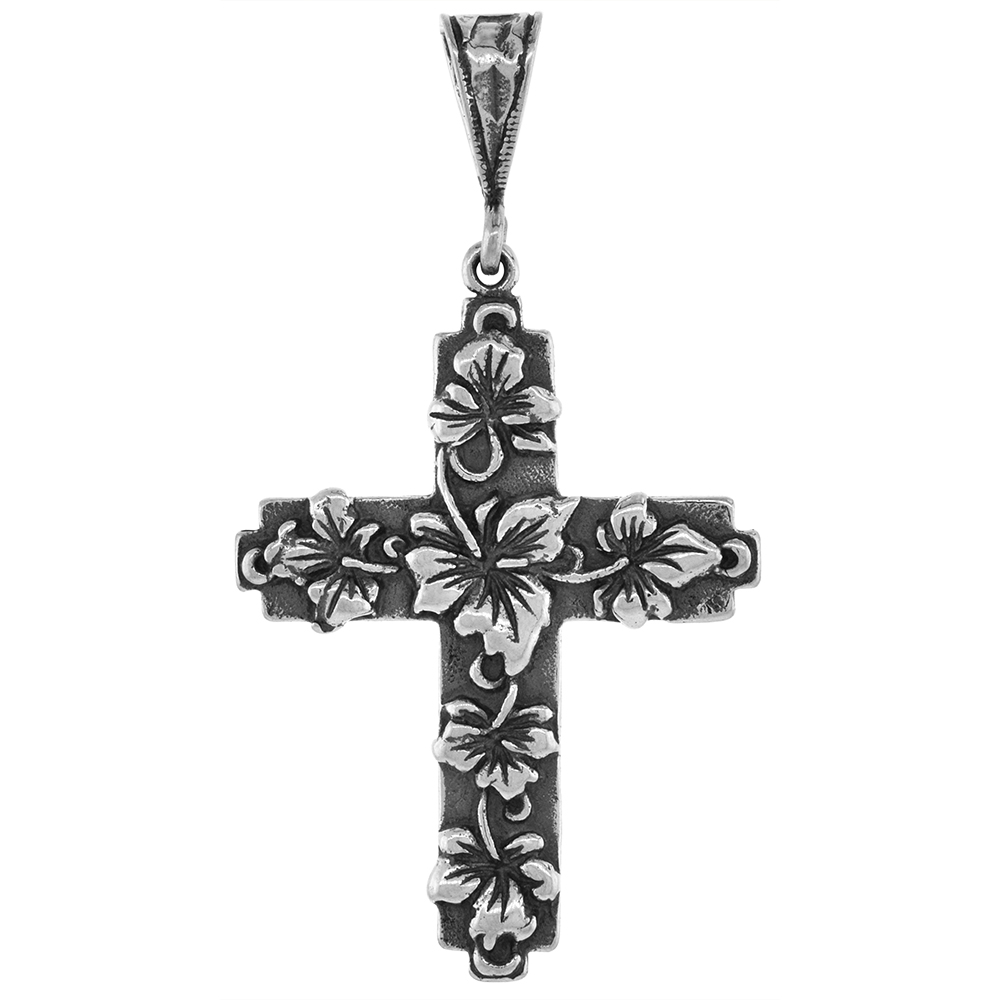 1 5/8 inch Sterling Silver Rose of Sharon Cross for Men and women Diamond-Cut Oxidized finish available with or without chain