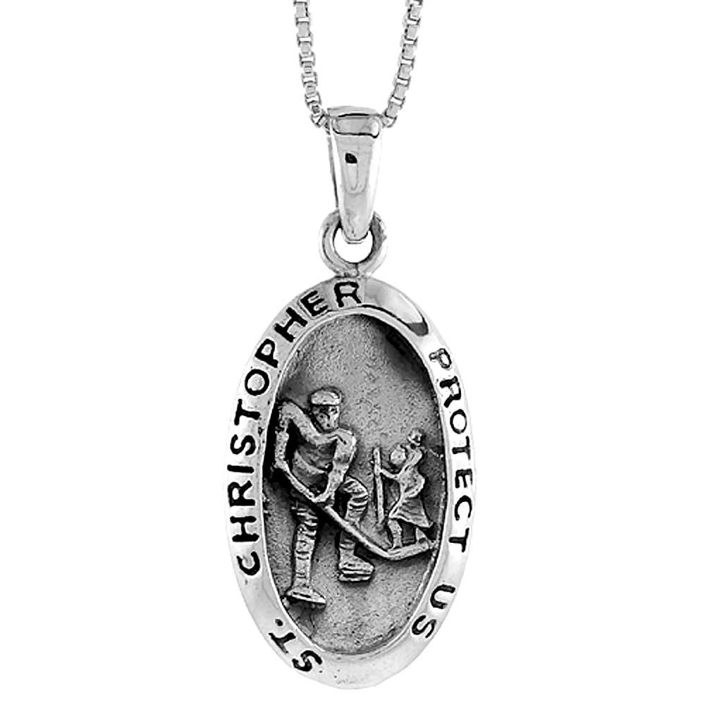 Sterling Silver Saint Christopher Charm for Hockey , 1 3/8 inch tall