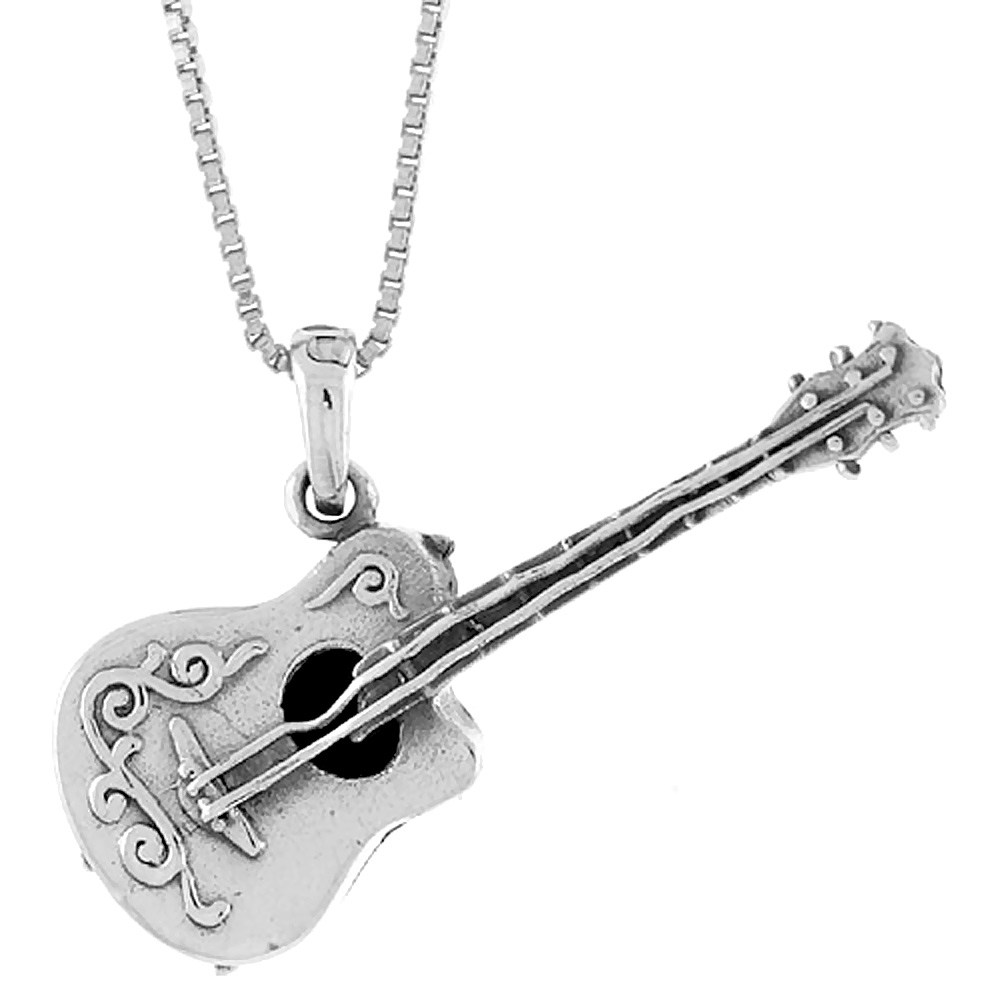 Sterling Silver Guitar Pendant, 1 1/2 inch