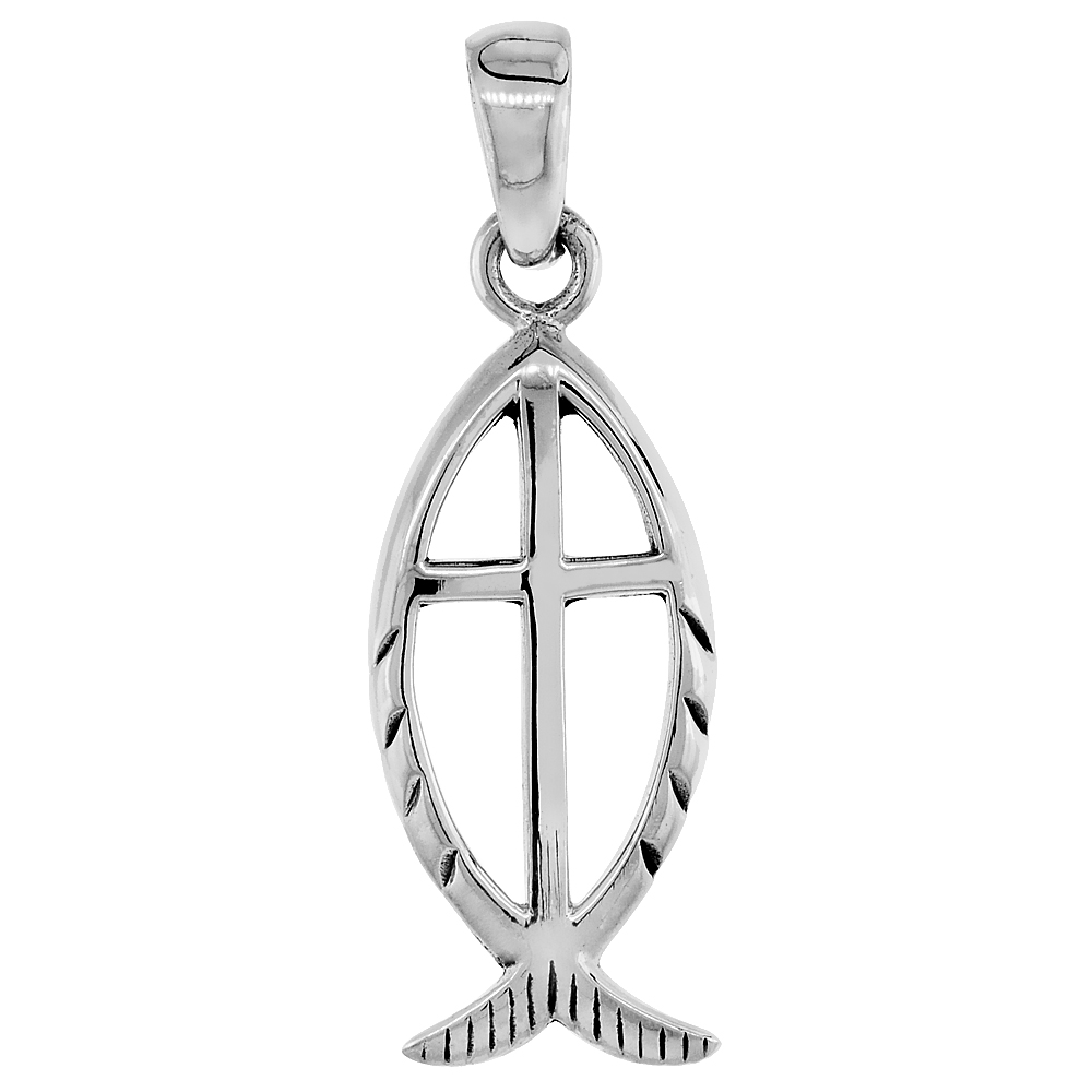Sterling Silver Christian Fish Ichthys Cross Pendant Cut-out Pattern, 1 inch ,