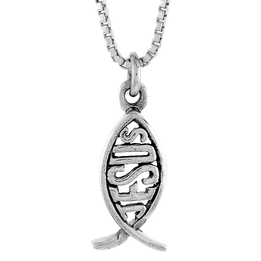 Sterling Silver Christian Fish Cut Out Pendant words JESUS, 1/2 inch ,