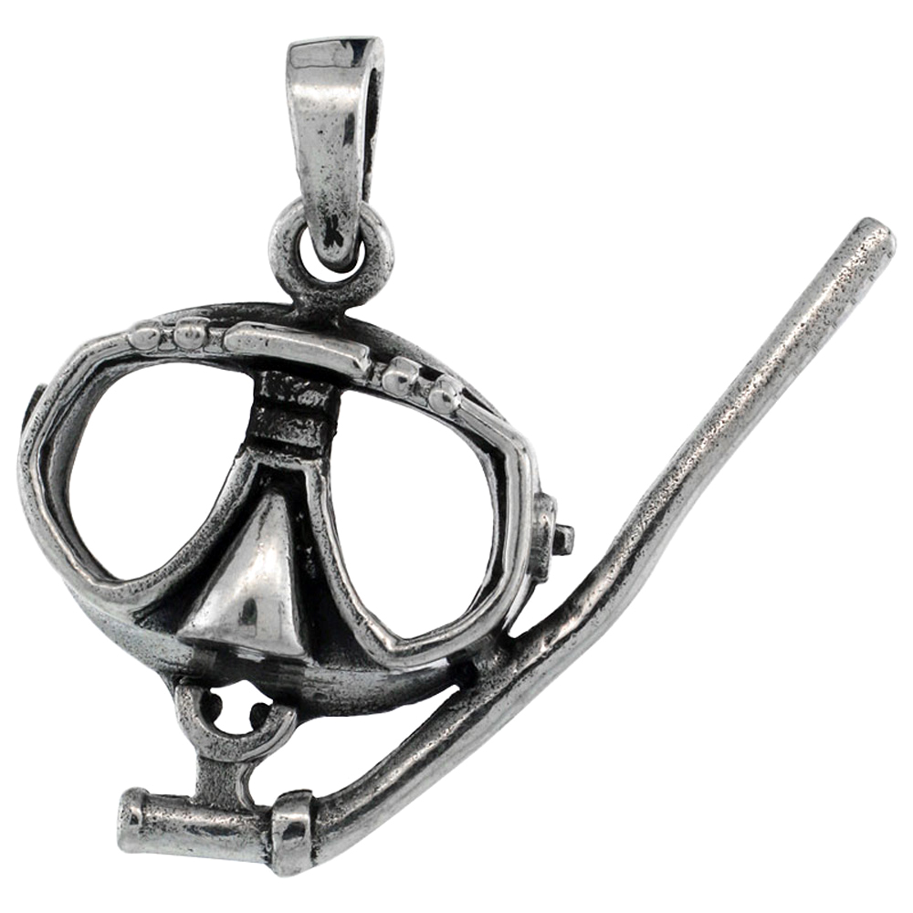 Sterling Silver Scuba Diving Mask &amp; Snorkel Pendant, 3/4 inch tall 