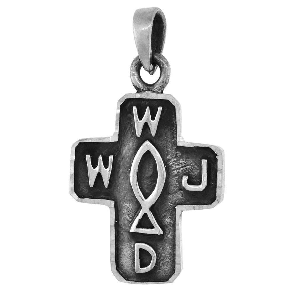 1 inch Sterling Silver What Would Jesus Do Pendant WWJD Cross for Men and women Diamond-Cut Oxidized finish NO Chain
