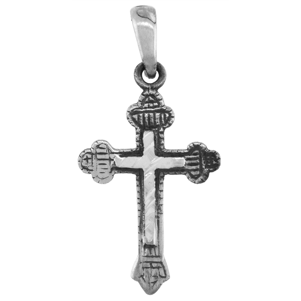 1 inch Sterling Silver Budded Cross Pendant for Men and women Diamond-Cut Oxidized finish NO Chain