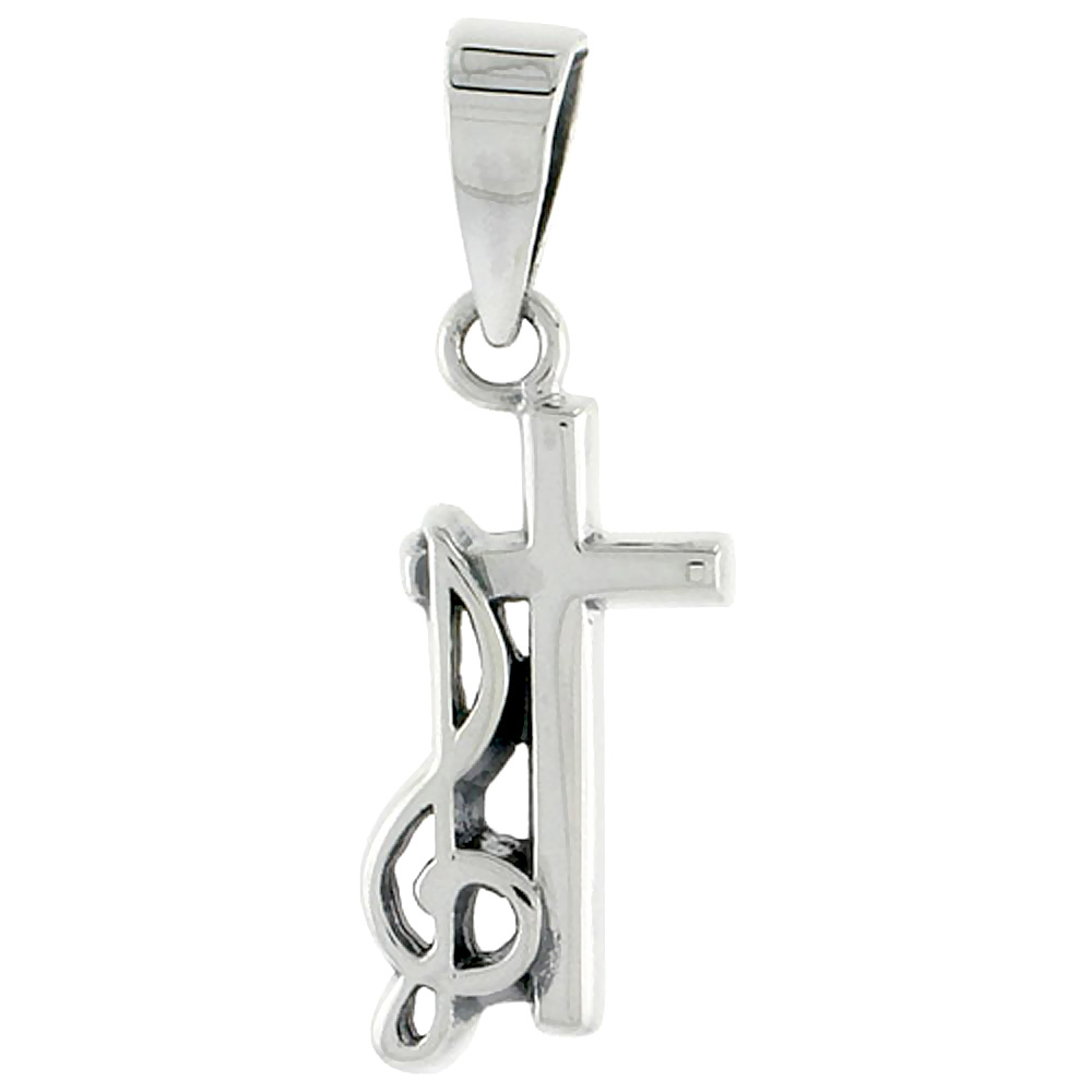 Sterling Silver Crucifix &amp; G-Clef Charm, 3/4 inch tall