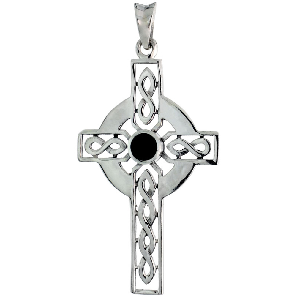 Sterling Silver Celtic Cross w/ Jet Stone Charm, 1 3/4 inch 
