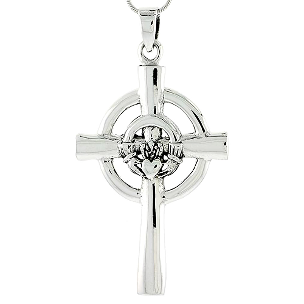 Sterling Silver Claddagh Celtic Cross Charm, 2 inch 