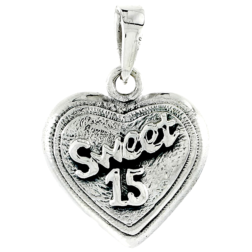 Sterling Silver Quinceanera Sweet 15 Heart-shaped Charm, 7/8 inch tall