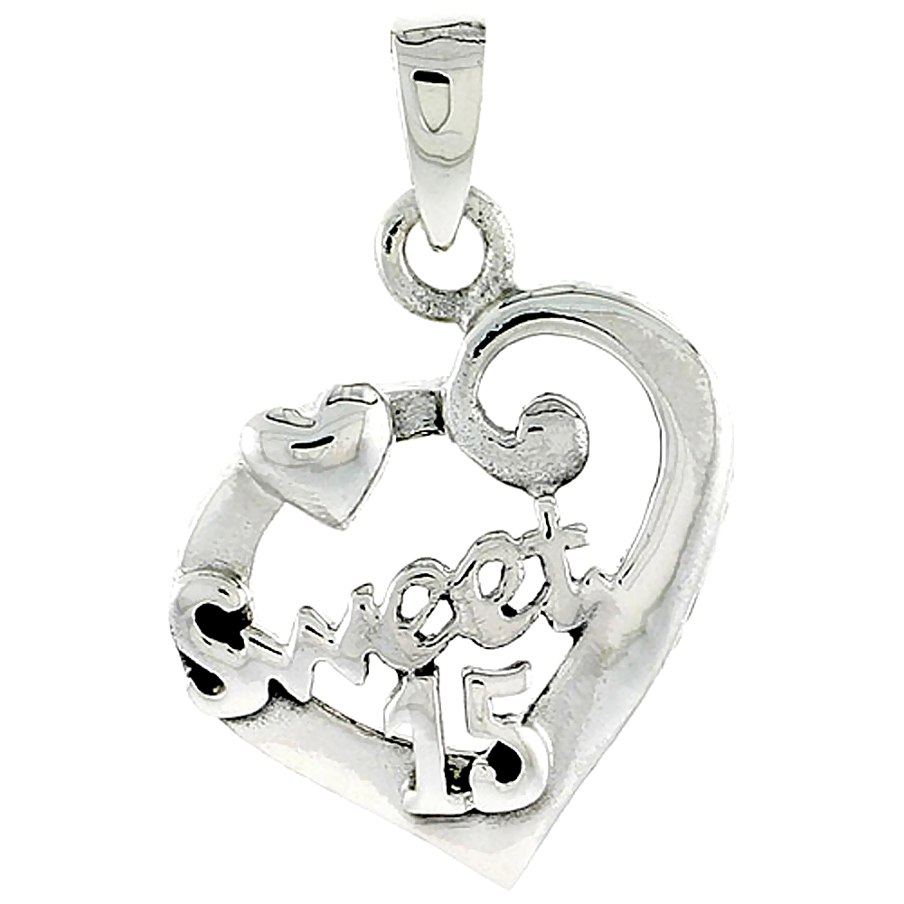 Sterling Silver Quinceanera 15 Anos Fancy Heart Cut-out Charm, 7/8 inch wide