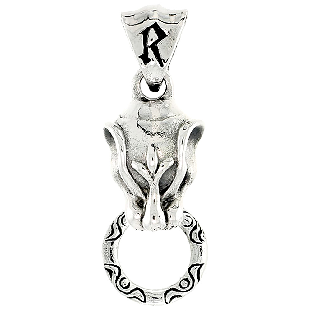 Sterling Silver Cougar Head Charm w/ Initial R on Bale, 1 1/4 inch tall
