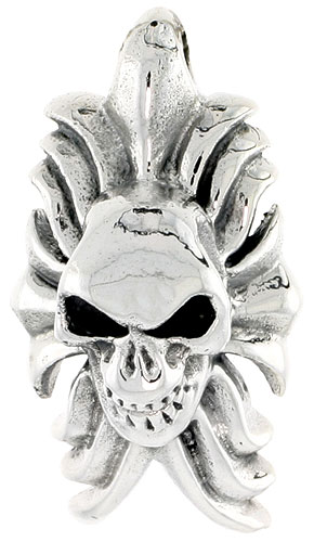 Sterling Silver Skull and Flames Charm, 1 1/8 inch tall 