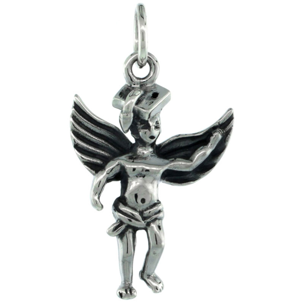 Sterling Silver Guardian Angel Graduate Pendant Antique Finish, 7/8 inch