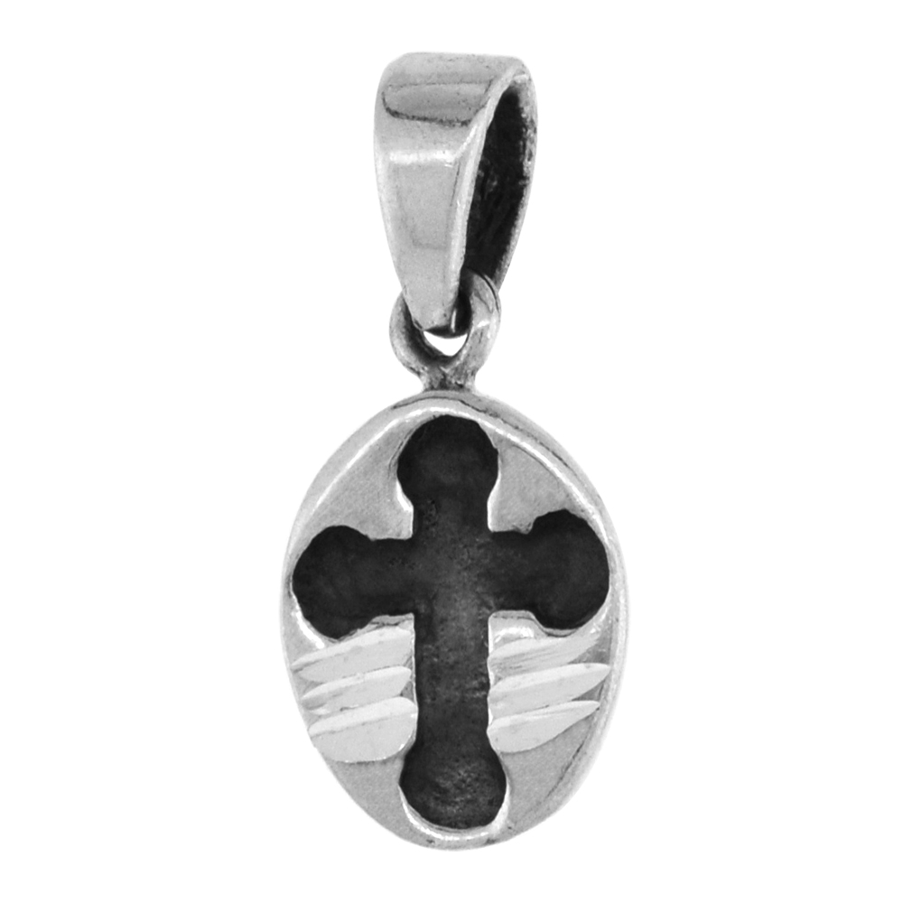 Tiny 1/2 inch Sterling Silver Budded Cross Necklace for Women Diamond-Cut Oxidized finish available with or without chain