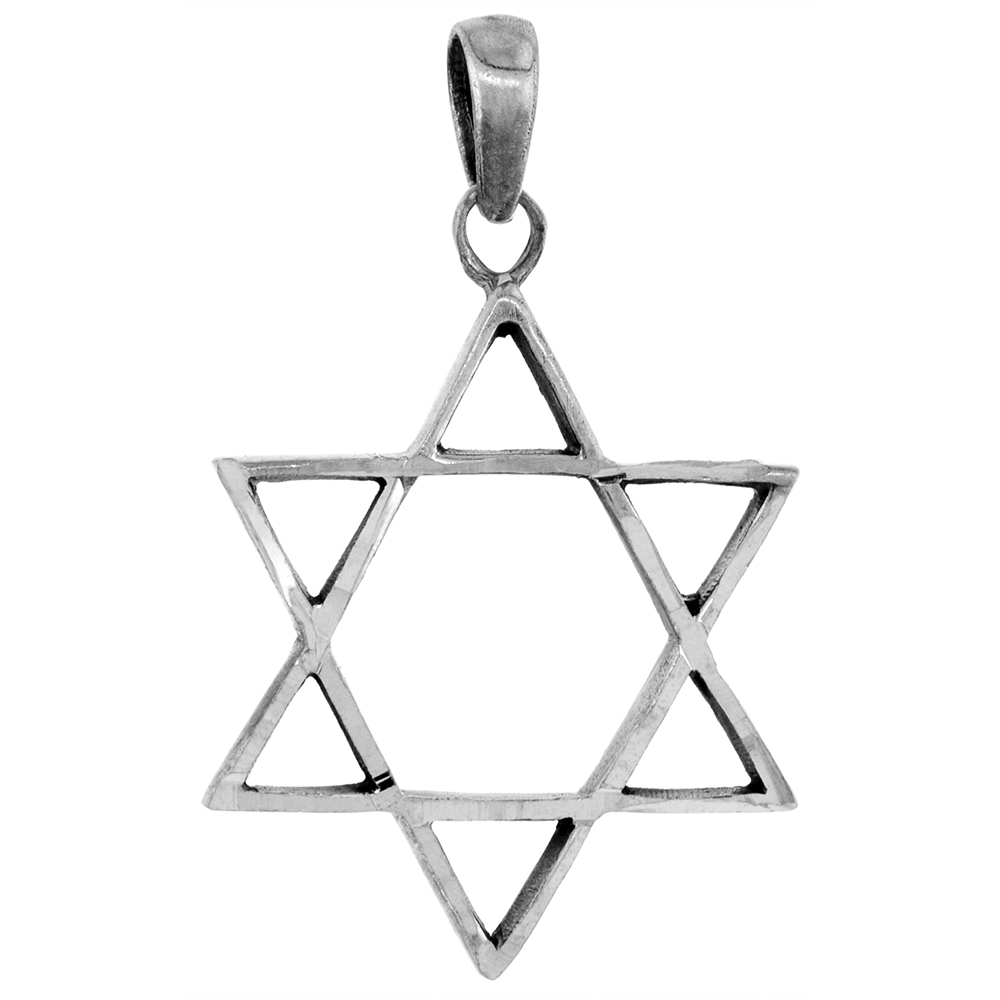 1 1/4 inch Sterling Silver Open Star of David Necklace for Men Diamond-Cut Oxidized finish available with or without chain