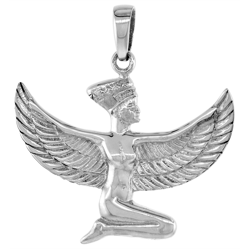 1 1/8 inch Sterling Silver Egyptian Goddess Isis Necklace Diamond-Cut Oxidized finish available with or without chain