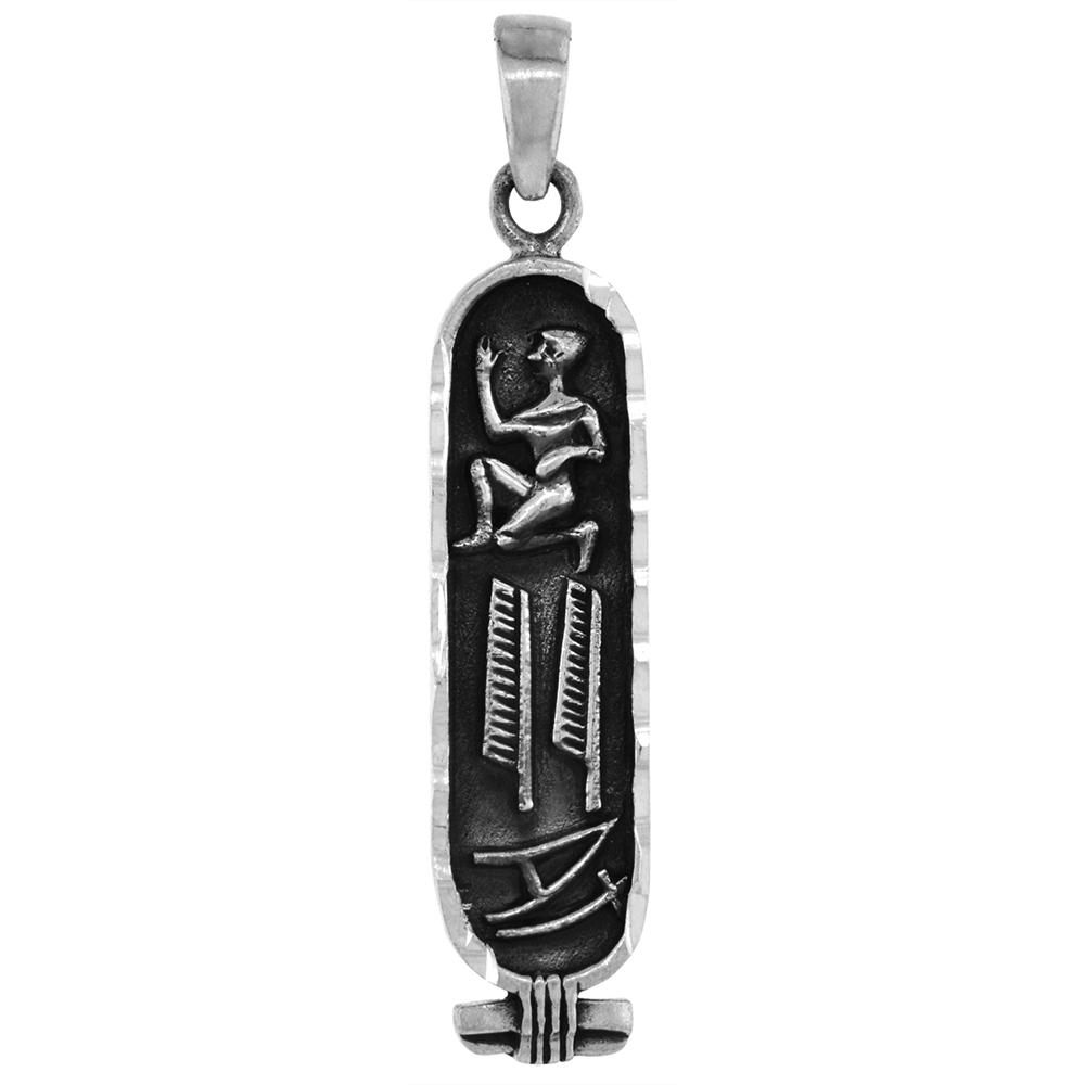 1 1/2 inch Sterling Silver Egyptian Hieroglyphics Cartouche Necklace Diamond-Cut Oxidized finish available with or without chain