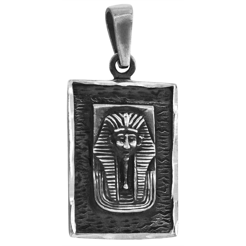 1 inch Sterling Silver Egyptian King Tut Mask in a frame Necklace Diamond-Cut Oxidized finish available with or without chain