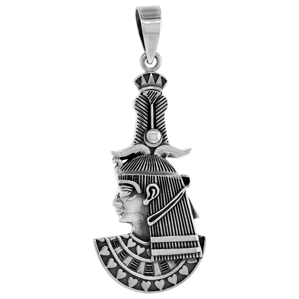 1 3/8 inch Sterling Silver Khnum Egyptian God Of Rebirth Necklace Diamond-Cut Oxidized finish available with or without chain