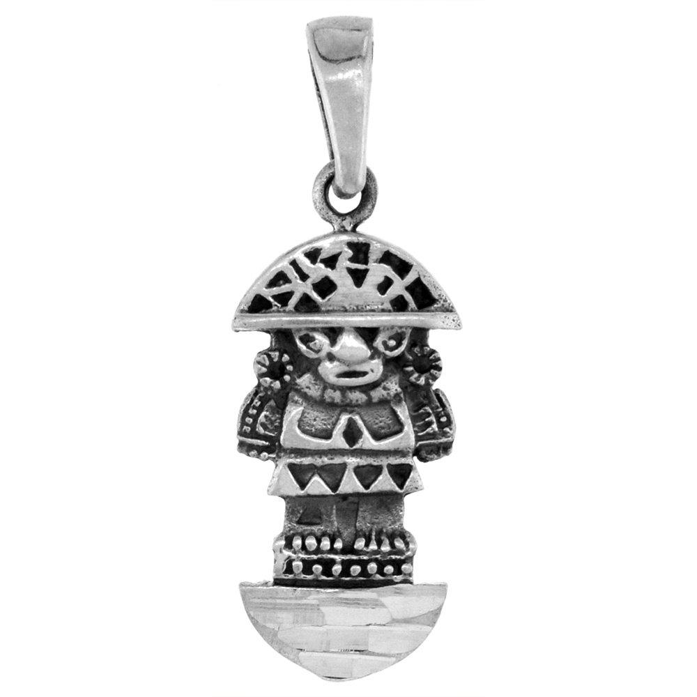 Small 3/4 inch Sterling Silver Aztec Totem Necklace for Women Diamond-Cut Oxidized finish available with or without chain