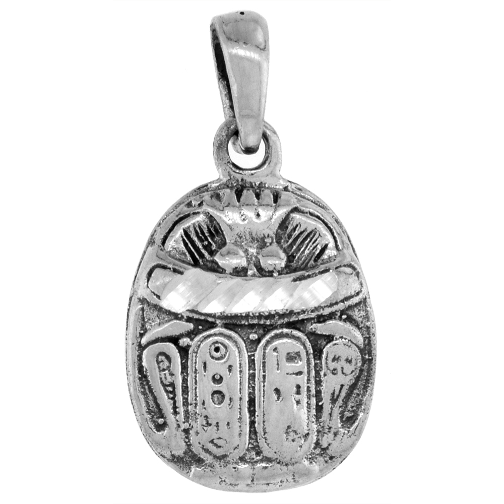Small 3/4 inch Sterling Silver Egyptian Scarab Necklace for Women Diamond-Cut Oxidized finish available with or without chain