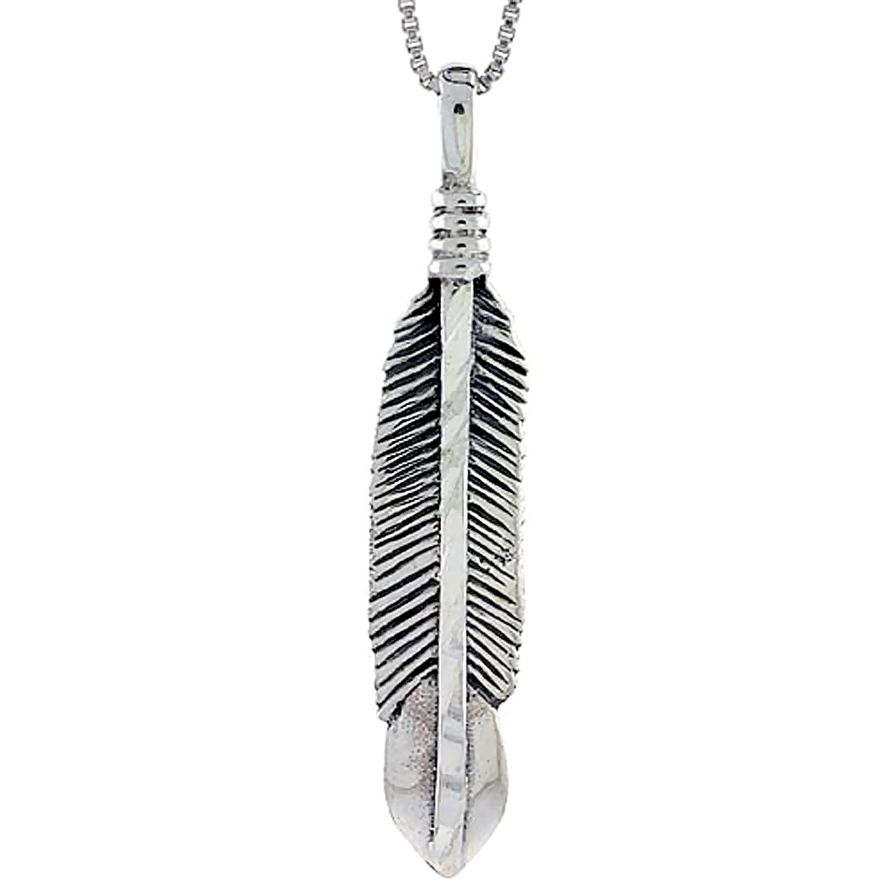 Sterling Silver Feather Pendant, 1 3/4 inch tall