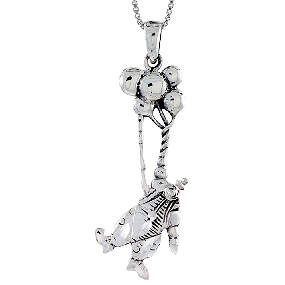 Sterling Silver Clown with Balloons Pendant , 1 1/2 inch tall