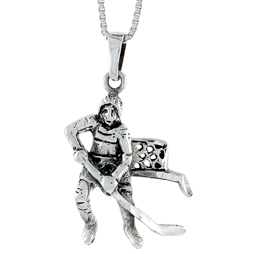 Sterling Silver Hockey Player Pendant, 1 3/8 inch tall