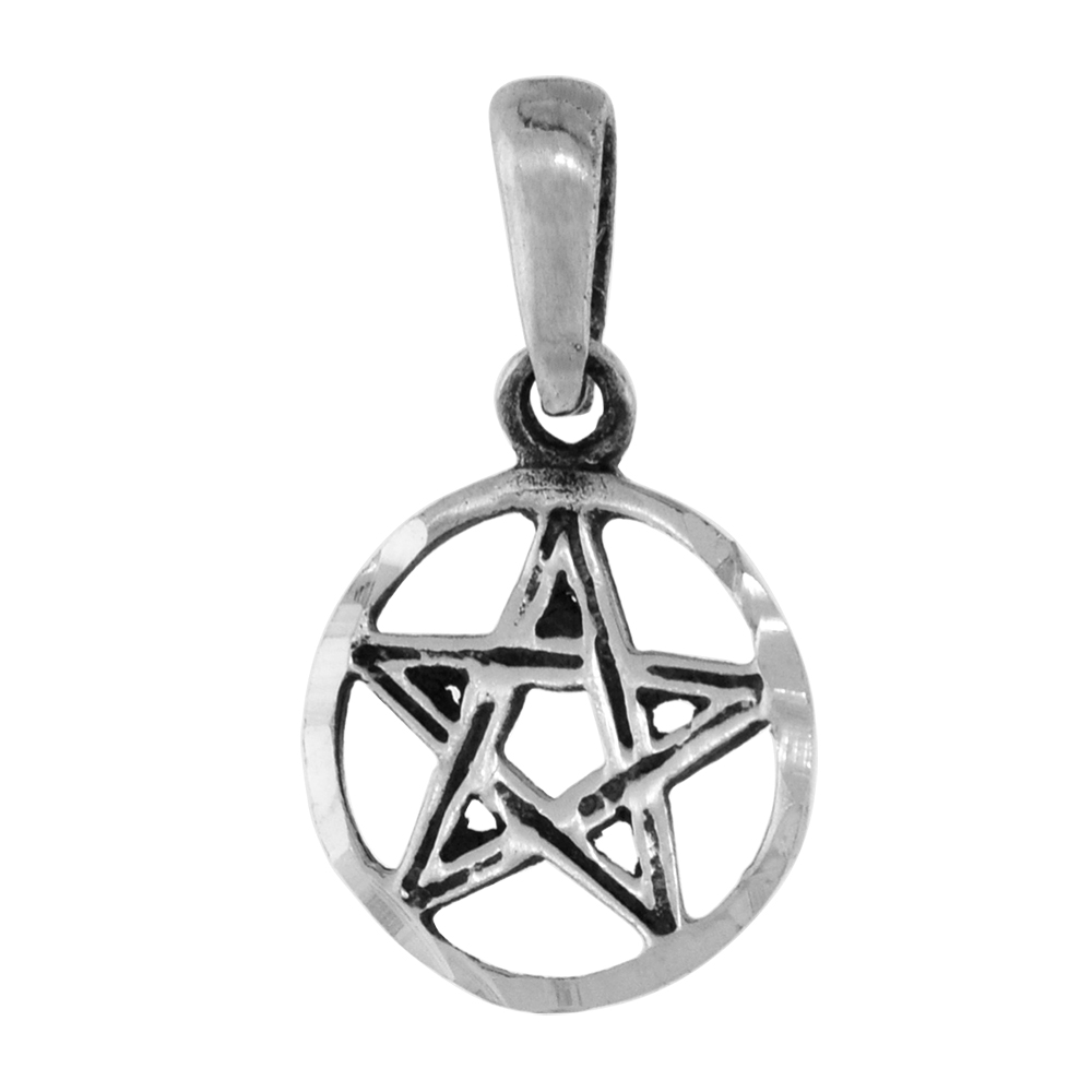 Dainty 3/4 inch Sterling Silver Pentagram Pendant for Women Diamond-Cut Oxidized finish NO Chain