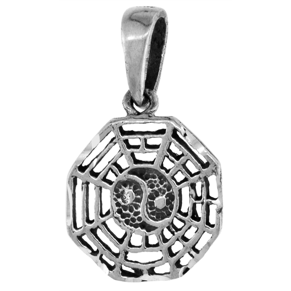 Small 3/4 inch Sterling Silver Eight Directions of the Bagua Necklace for Women Diamond-Cut Oxidized finish available with or without chain