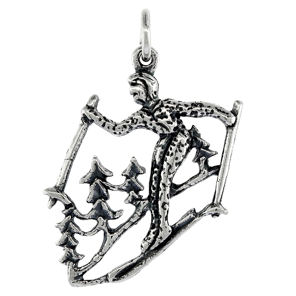 Sterling Silver Skier Pendant, 1 3/8 inch tall