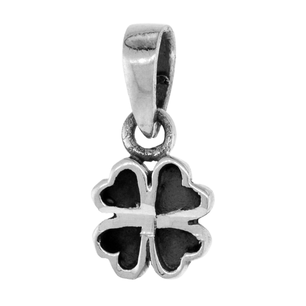 Small 3/4 inch Sterling Silver 4-Leaf Clover Necklace for Women Diamond-Cut Oxidized finish available with or without chain