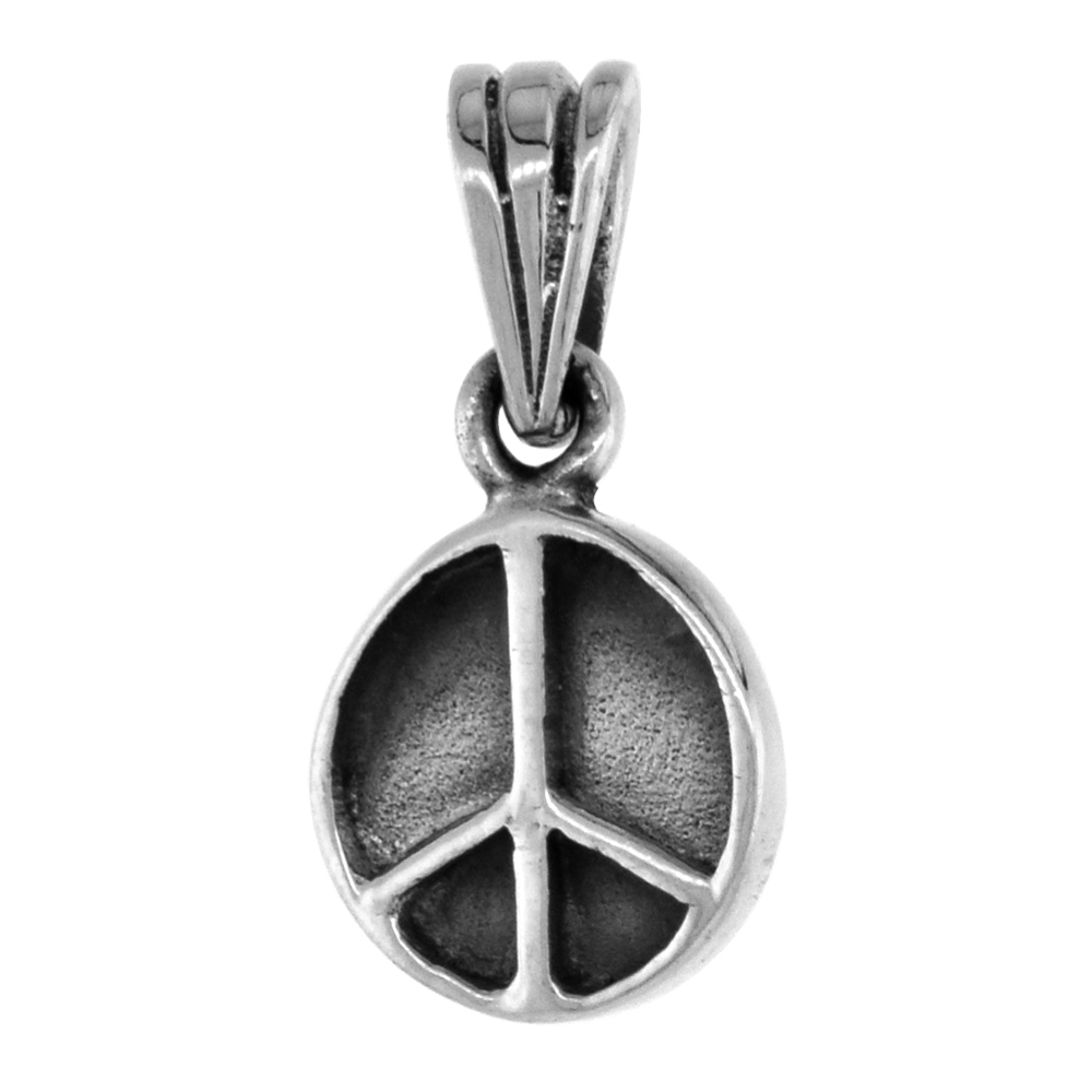 Small 3/4 inch Sterling Silver Peace Sign Necklace for Women Diamond-Cut Oxidized finish available with or without chain