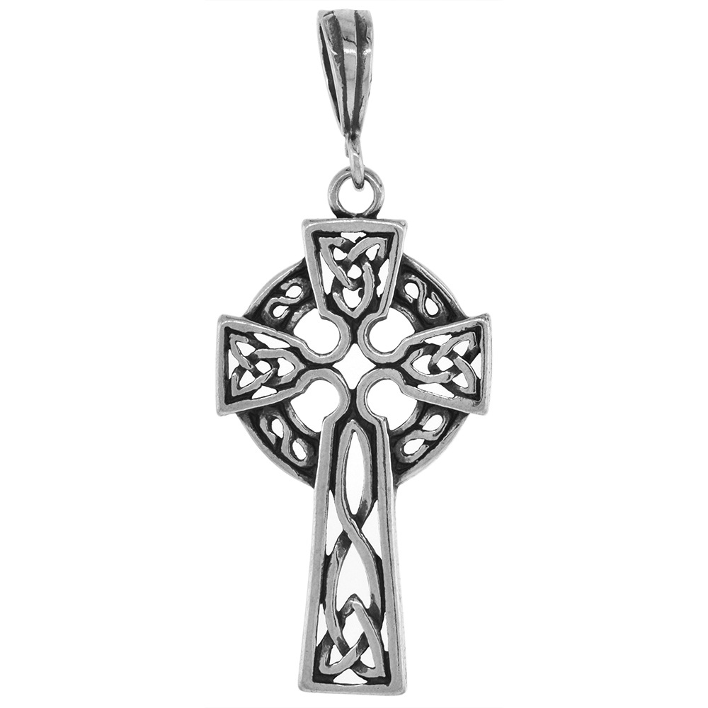 Large 1 1/3 inch Sterling Silver Open Celtic Cross Necklace High Cross for Men Diamond-Cut Oxidized finish available with or without chain