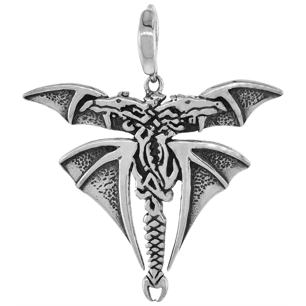 Large 2 1/8 inch Sterling Silver Double Headed Celtic Dragon Necklace Diamond-Cut Oxidized finish available with or without chain