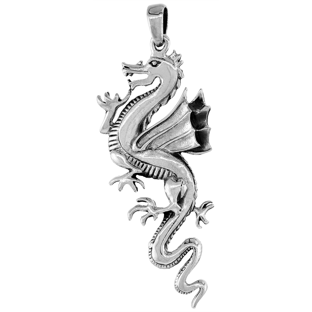Large 2 1/2 inch Sterling Silver Chinese Flying Dragon Necklace Diamond-Cut Oxidized finish available with or without chain